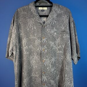 Tommy Bahama Relax 100% Silk Hawaiian Button-Down Charcoal Grey Shirt Size L